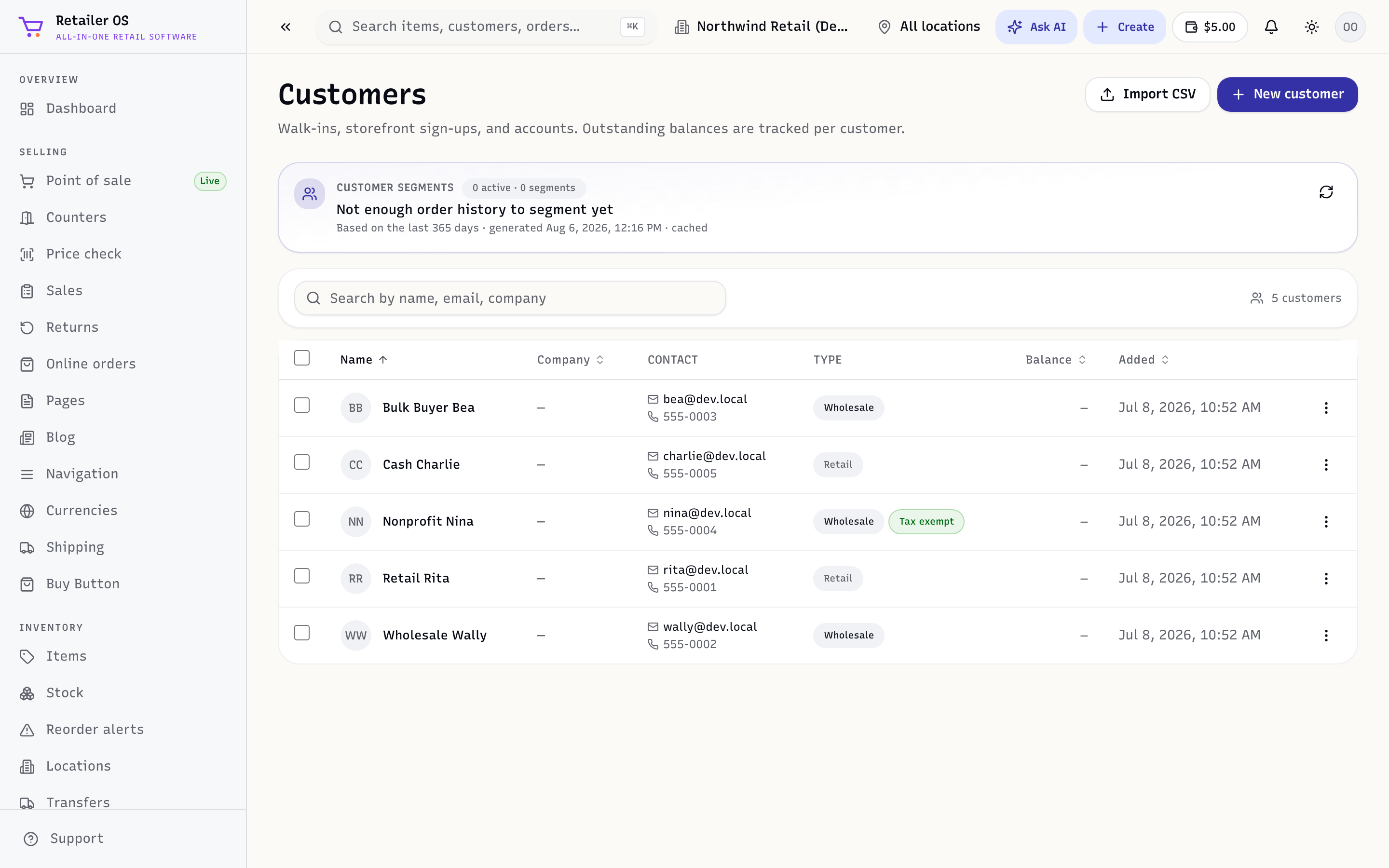 The Customers list with profiles, spend, and store credit