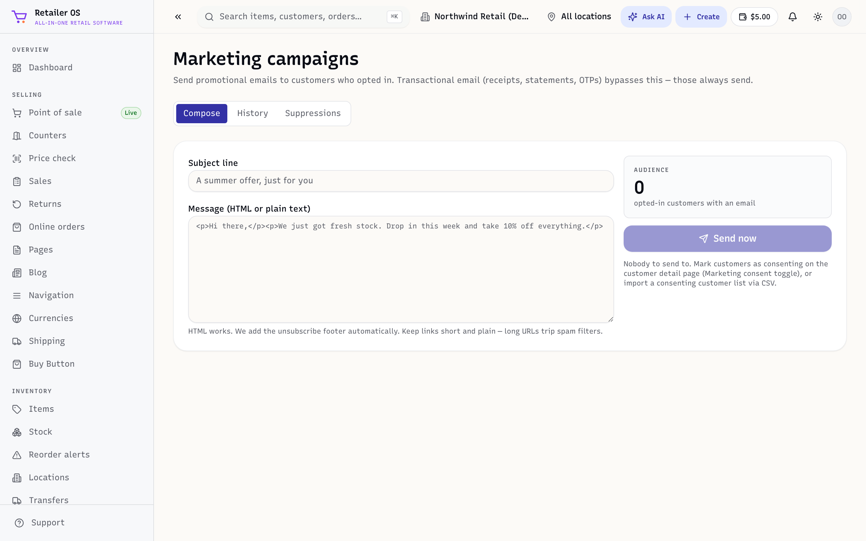 The Email campaigns screen