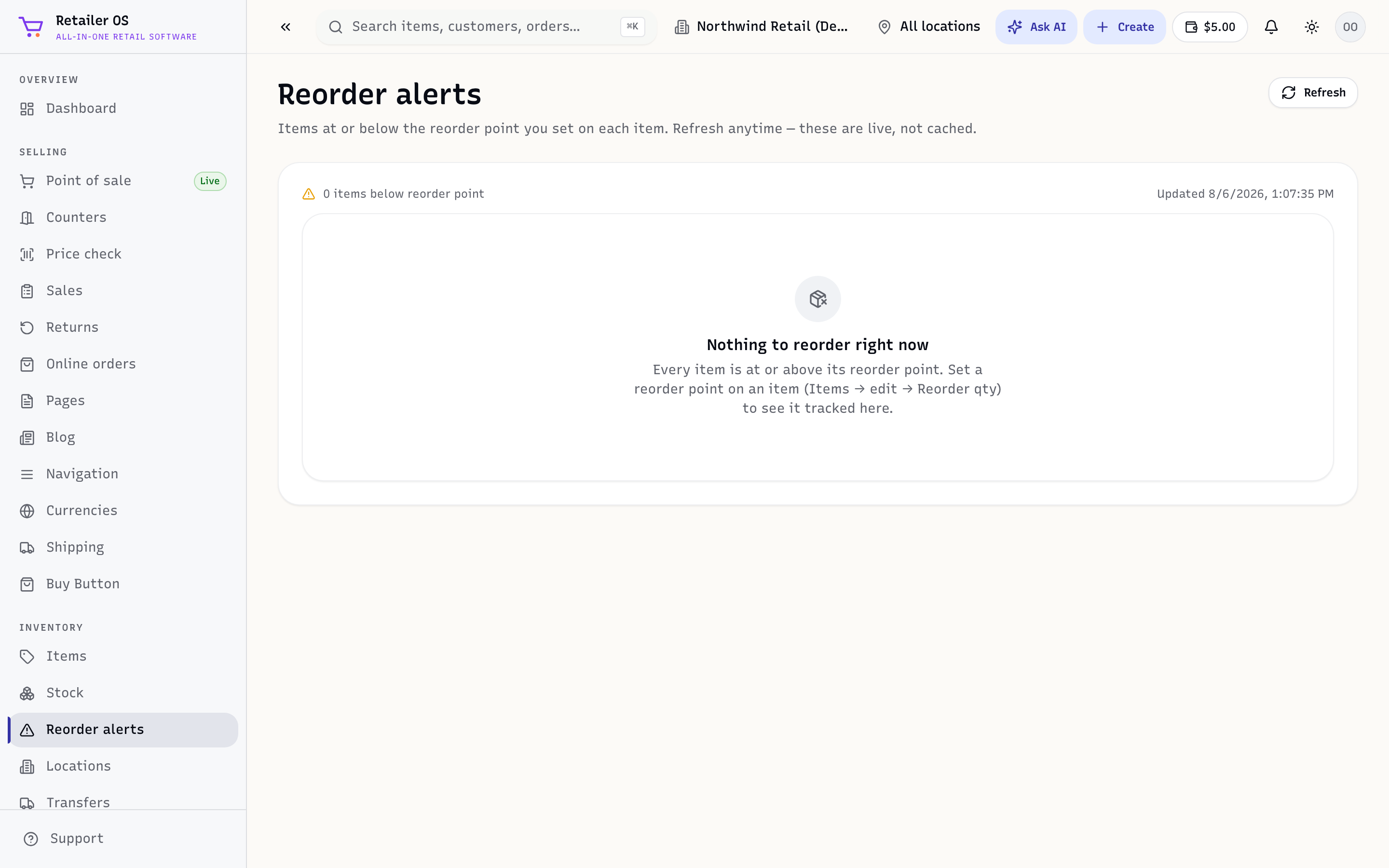 The Reorder alerts screen listing items to reorder