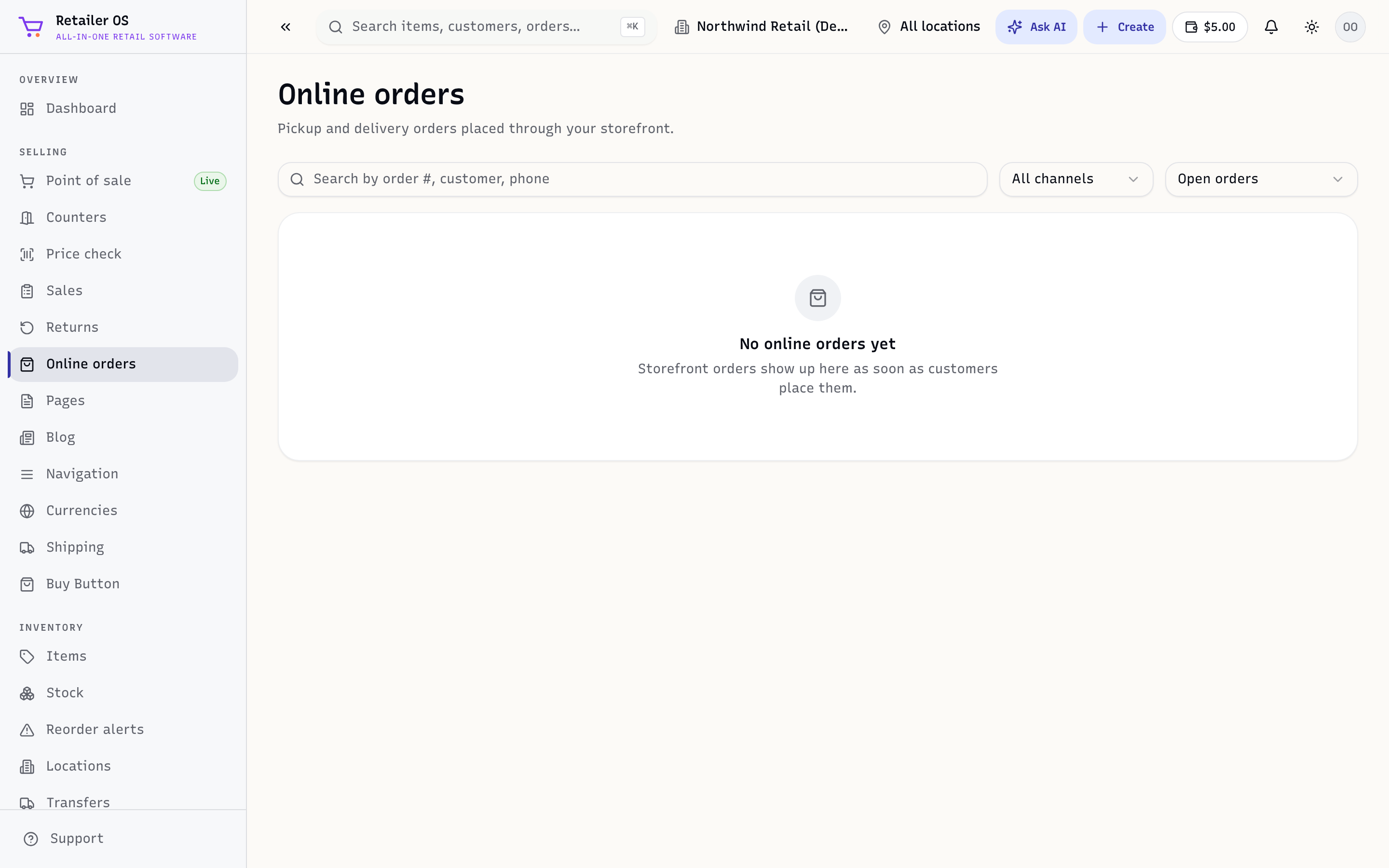 The Online orders screen