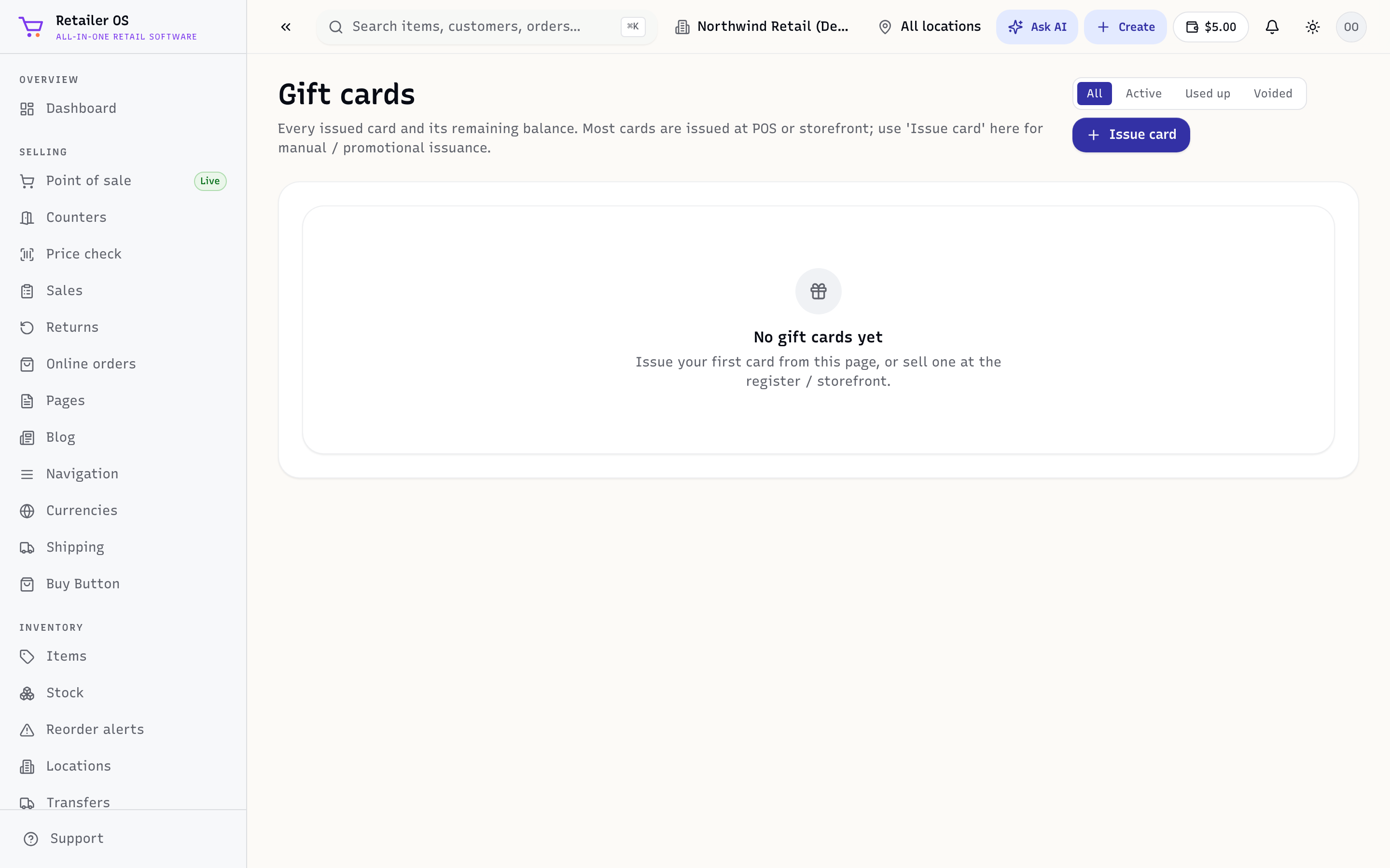 The Gift cards screen