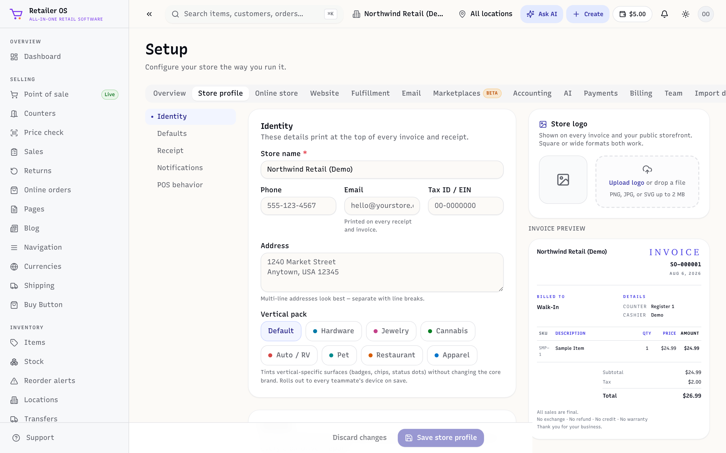 The Setup screen with tabs for store profile, payments, team, and more