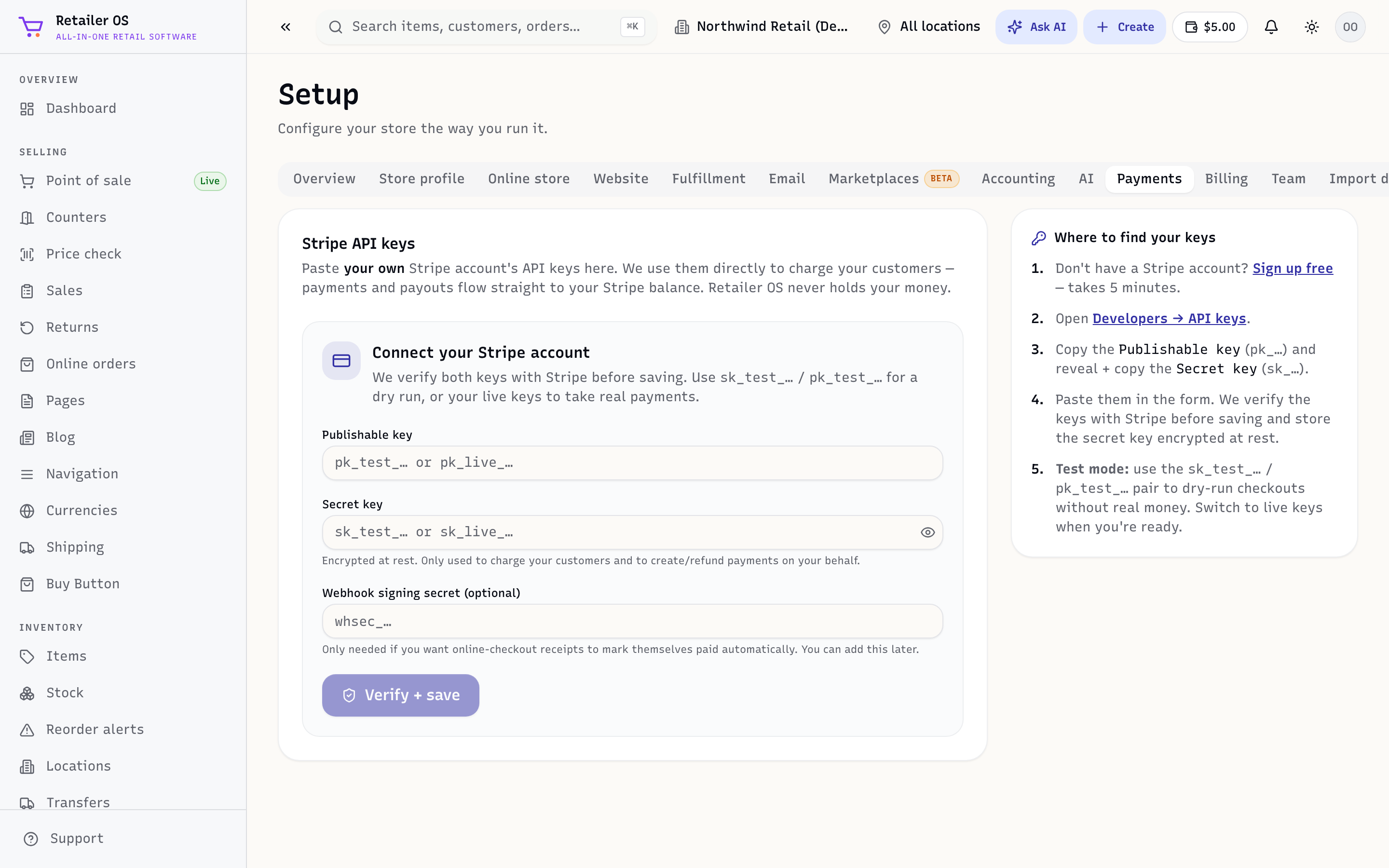 The Payments settings screen